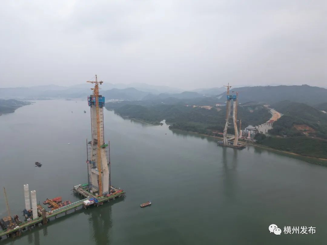 西津郁江特大桥全景 - 上（林）至横（州）高速公路第六合同段西津郁江特大桥13#主塔封顶